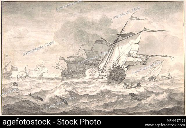 Merchant Ships and Smaller Sailing Boats in a Strong Breeze, Dolphins in the Waves. Artist: Hendrick Rietschoof (Dutch, Hoorn 1687-1746 Hoorn); Date: ca
