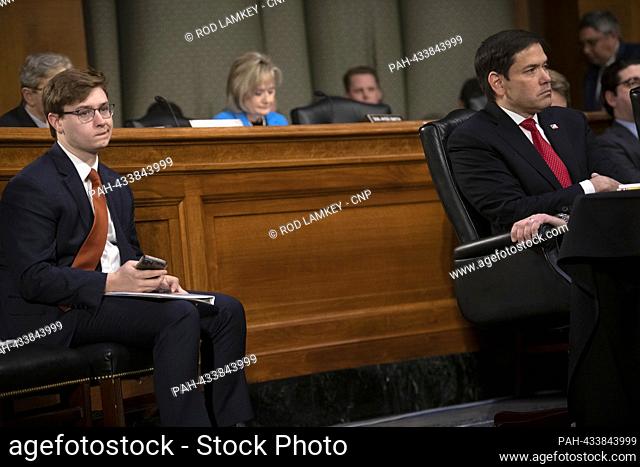 United States Senator Marco Rubio (Republican of Florida), right, listens to the panel during a Senate Committee on Appropriations hearing to examine the...