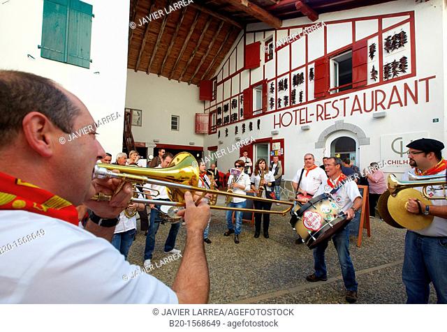 Trombone, Festival of music bands, Espelette Pepper Festival, Espelette, Aquitaine, Basque Country, Pyrenees Atlantiques, 64, France