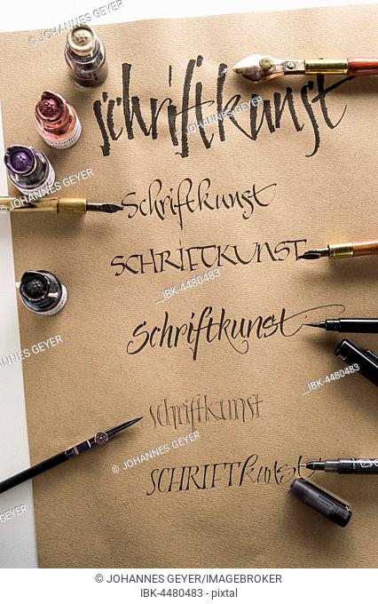 Calligraphy studio, brown Ingres paper, pen and nibs with respective writing, small inkwells, Seebruck, Upper Bavaria, Germany