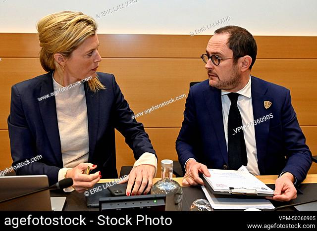 Interior Minister Annelies Verlinden and Justice Minister Vincent Van Quickenborne pictured during a joint session of the chamber commissions for Interior...
