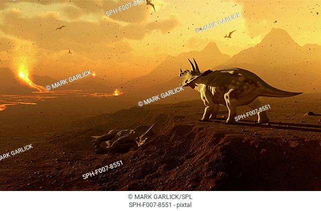 Artwork of a triceratops dinosaur surveying a volcanic landscape. This depicts a scene at the end of the Cretaceous period in Earth's history