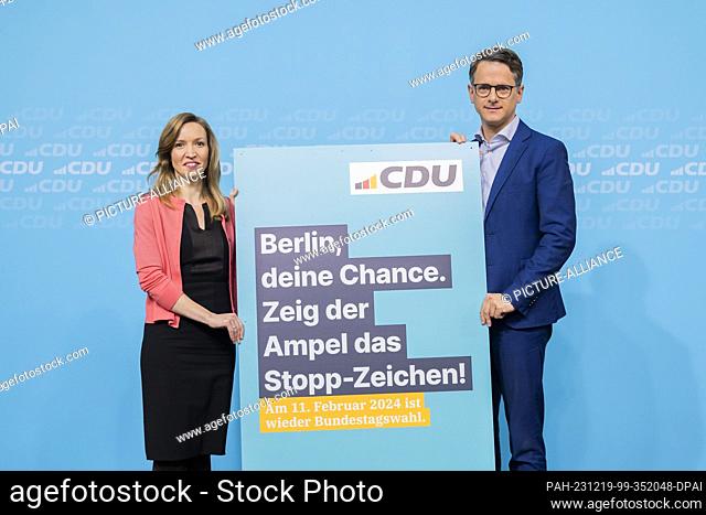 19 December 2023, Berlin: Carsten Linnemann, CDU Secretary General, and Ottilie Klein, Secretary General of the CDU Berlin