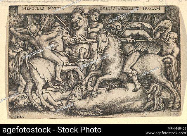 Hercules Fighting Against the Trojans from The Labors of Hercules. Artist: Sebald Beham (German, Nuremberg 1500-1550 Frankfurt); Date: 1545; Medium: Engraving;...