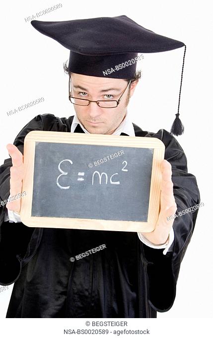 graduate with black board, theory of relativity