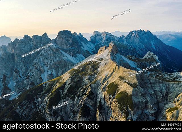 aerial view of mountain range aroiund the tre cime di lavaredo, trentino-alto-adige, dolomiti, italy