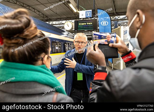 Mobility Minister Georges Gilkinet pictured at the departure by train of politicians, activists and public transport experts to the COP26 climate conference in...
