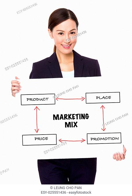 Businesswoman hold with a board showing marketing mix concept