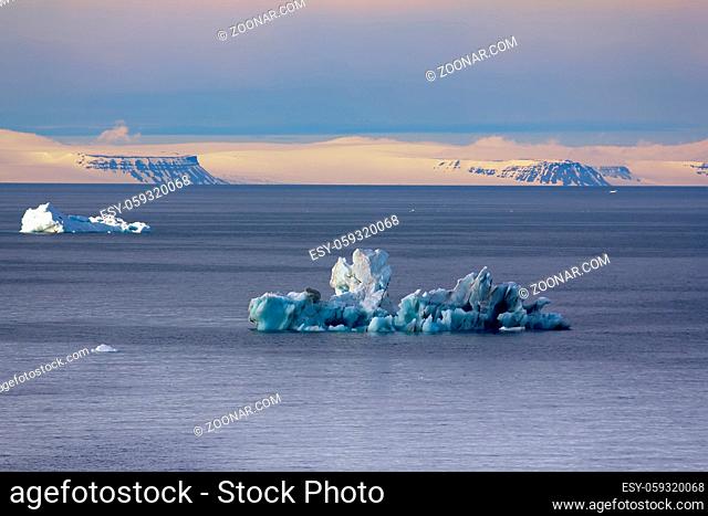 Bergy bit - part of iceberg. Icebergs in the British channel. Franz-Joseph Land