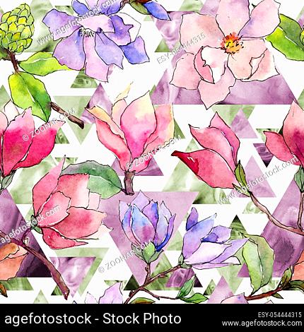 Wildflower magnolia flower pattern in a watercolor style. Full name of the plant: magnolia. Aquarelle wild flower for background, texture, wrapper pattern