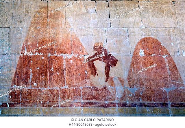 Deir el Bahari, Luxor, Egypt: temple of the queen Hatshepsut (New Kingdom 1567-1080 b.C.) at Deir el Bahari called Djeser-Djeseru: sculptures on the walls...