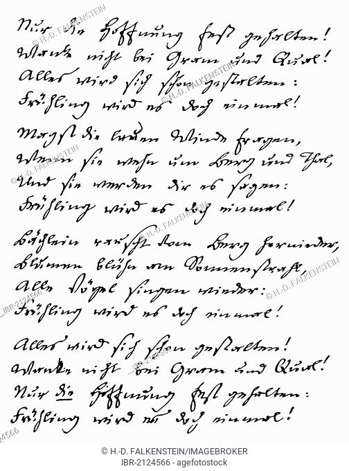 Historical manuscript, poem by August Heinrich Hoffmann or Hoffmann von Fallersleben, 1798 - 1874, a German university teacher in Germanic, poet