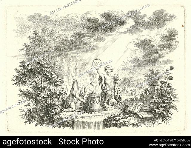 Allegory of the twenty-five anniversary of marriage, Two putti by a sacrificial column. One kneels and is veiled. The standing putto holds two burning hearts...