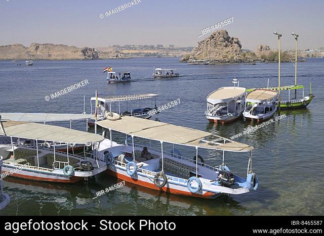 Tourist excursion boats, Philae Island, Aswan, Egypt, Africa