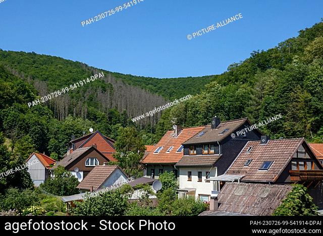 09 July 2023, Lower Saxony, Herzberg/Ot Lonau: The low houses in Lonau in the Harz National Park. Thanks to its location as a dead-end village without through...