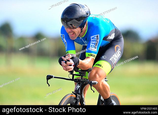 Belgian David Boucher of Tarteletto-Isorex pictured in action during the men's elite without contract individual time trial race of 28