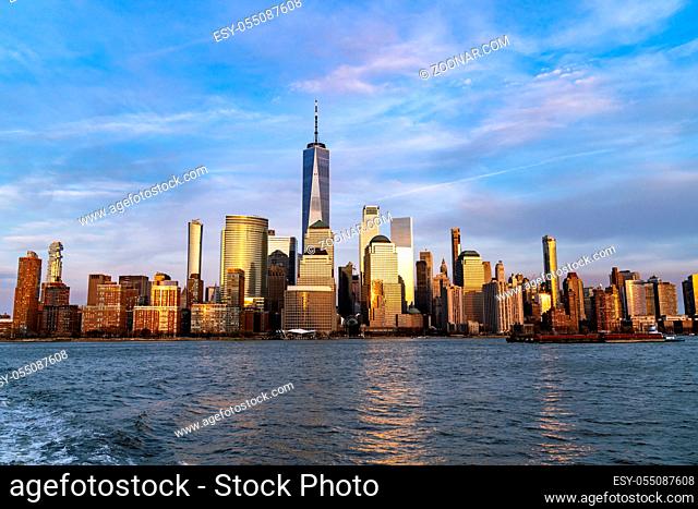 New York city Manhattan skyline cityscape at sunset from New Jersey
