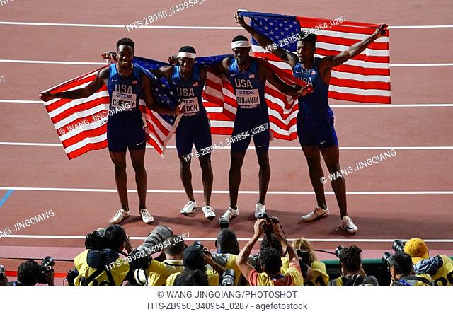 (191007) -- DOHA, Oct. 7, 2019 () -- Team of the United States celebrate winning the gold medals after the men's 4X400m relay at the 2019 IAAF World Athletics...