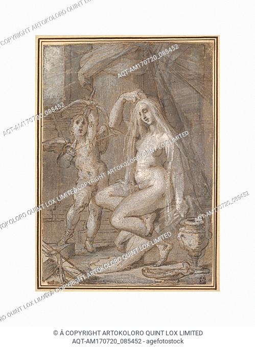 Venus and Amor, ca. 1585, Pen and brown ink, light and dark brown and gray wash, heightened with white (partially oxidized); traced for transfer