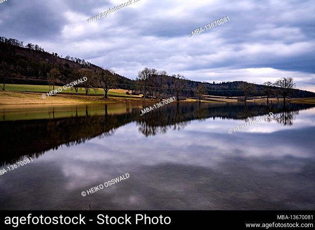 Landscape, March Lake, ephemeral lake, Kornbühl, Burladingen, trees, Swabian Alb, Baden-Wuerttemberg, Germany, Europe