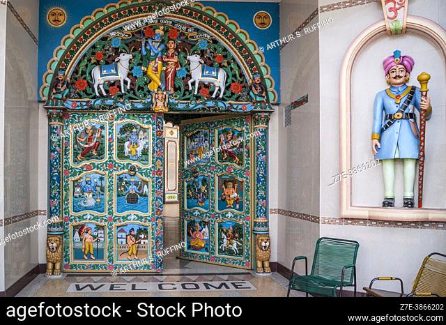 Hindu temple door. Shri (Shree) Cutch Satsang Swaminarayan Temple. Haile Selassie Ave, Mombasa, Kenya, Africa