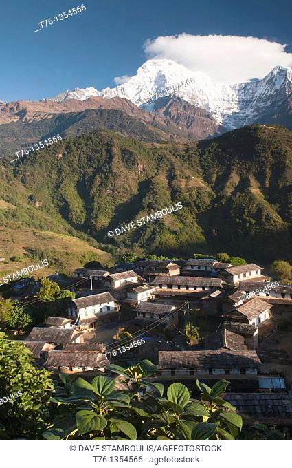 view of Annapurna peak from Ghandruk village in the Annapurna region of Nepal