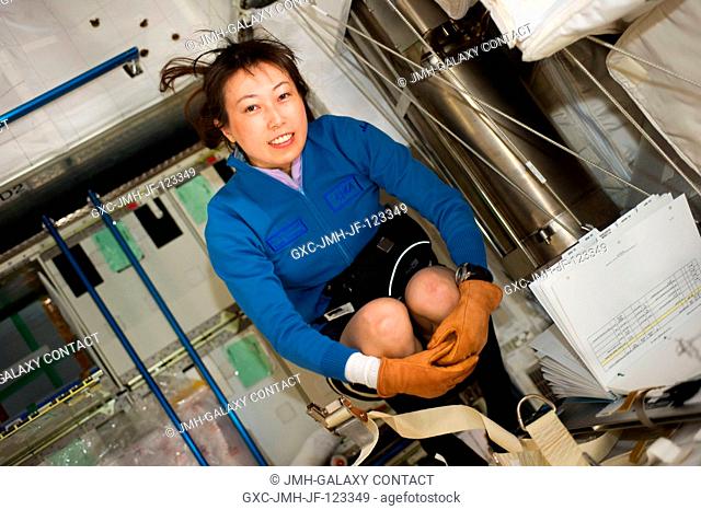 Japan Aerospace Exploration Agency (JAXA) astronaut Naoko Yamazaki, STS-131 mission specialist, floats freely in the Leonardo Multi-Purpose Logistics Module...