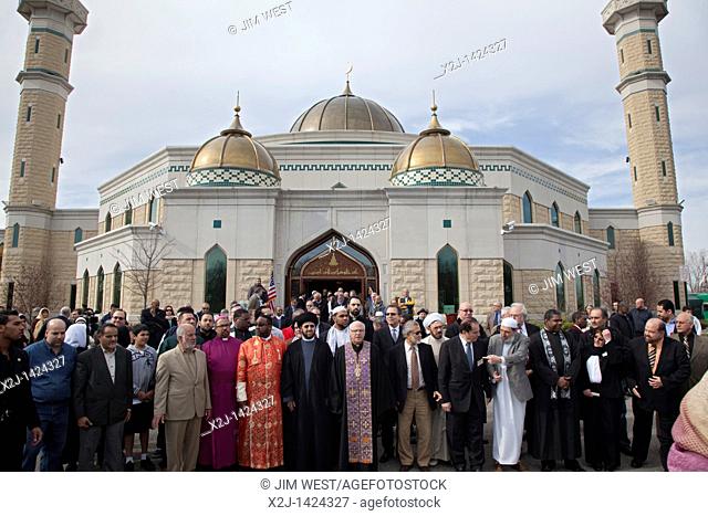 Dearborn, Michigan - Religious leaders from Muslim, Christian, and Jewish faiths led a prayer service and vigil at the Islamic Center of America in opposition...