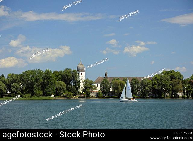 Chiemsee, Fraueninsel with sailing boat, August, Chiemgau, Bavaria, Germany, Europe