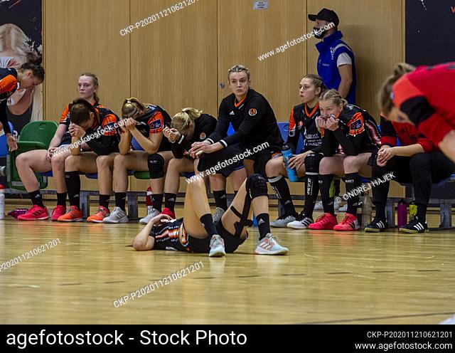 Sad players from Most are seen after losing in the Banik Most vs Vaci NKSE match of women's handball Europe League qualifier, 3rd round, on November 21, 2020