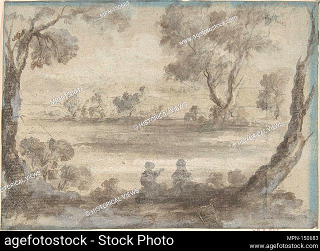 River Scene. Artist: Anonymous, French, 17th century; Date: 17th century; Medium: Black chalk, brush and black and white wash on blue-grey paper; Dimensions: 7...
