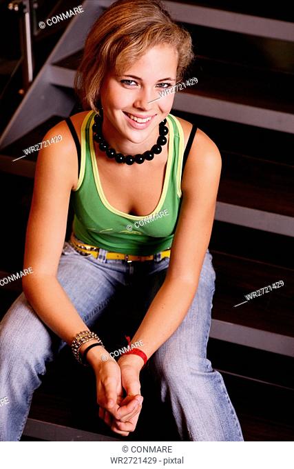 girl, teenager, smiling, sitting, staircase, teen