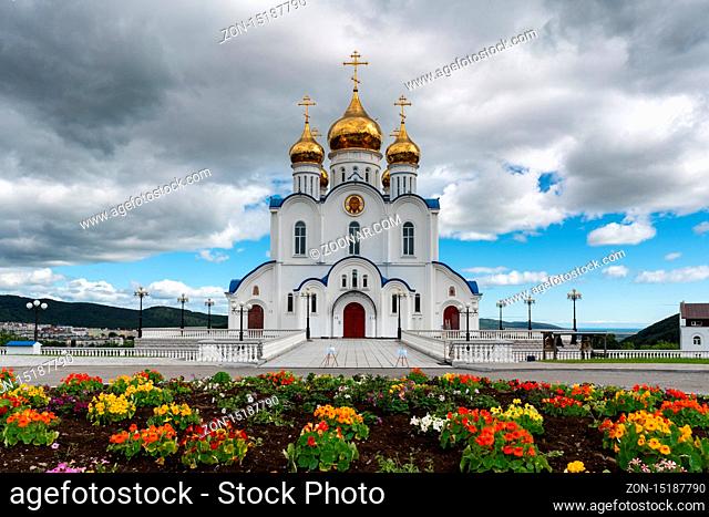 PETROPAVLOVSK KAMCHATSKY CITY, KAMCHATKA PENINSULA, RUSSIA - AUG 17, 2018: Holy Trinity Orthodox Cathedral of Petropavlovsk