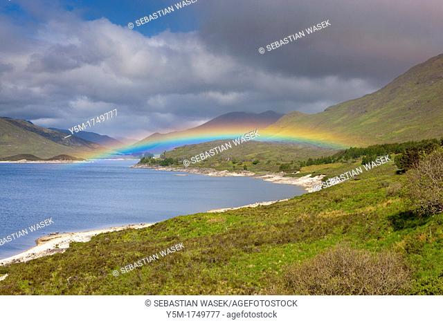 Rainbow over Loch Cluanie looking east, Highlands region, Scotland, United Kingdom, Europe