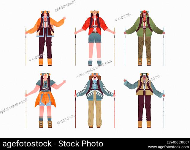 Set of diverse people with hiking equipment and camping backpack on isolated white background. Happy men women cartoon character collection for outdoor travel...