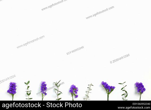 Purple statice flowers and eucalyptus leaves on white background. Floral composition, flat lay, top view, copy space