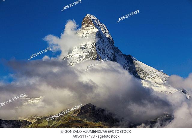 Matterhorn mountain peak. Cervino mountain peak. Zermatt. Swiss Alps. Valais. Switzerland. Europe
