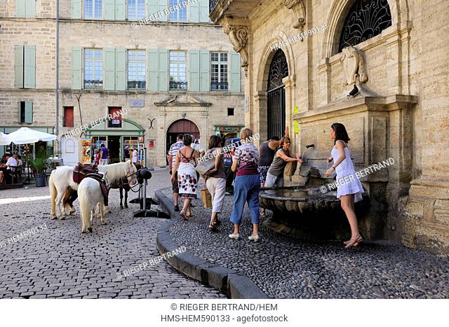 France, Herault, Pezenas, fountain of the Hotel des Consuls Place Gambetta now home for arts and crafts on the right and Hotel Flottes de Sebasan at the back