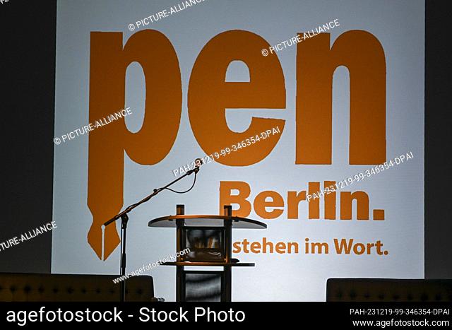 16 December 2023, Berlin: The PEN-Berlin logo at the congress ""Mit dem Kopf durch die Wände"" in the Festsaal Kreuzberg