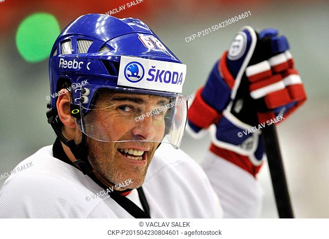 Czech National Hockey Team player Jaromir Jagr smiles during a training session in Brno, Czech Republic, April 23, 2015, before Ice Hockey World Championship...