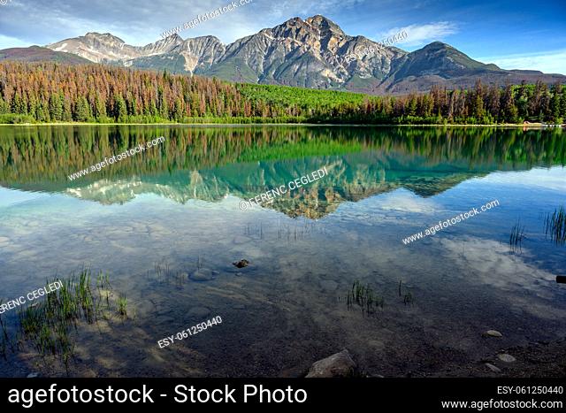 The Pyramid Lake with beautiful reflecting Pyramid Mountain in the background, Jasper National Park Alberta, Canada