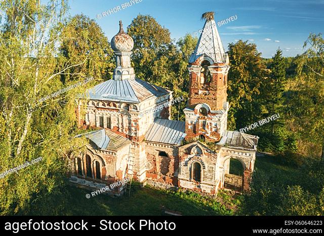 Martinovo, Beshenkovichsky District, Vitebsk Region, Belarus. Bird's-eye View Of Church Of The Intercession Of The Most Holy Theotokos