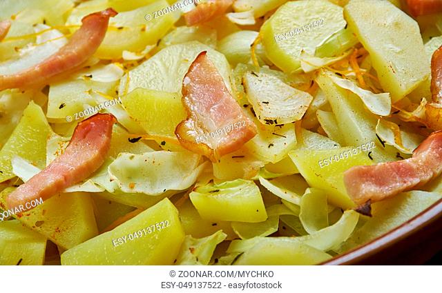 Polish Cabbage, Potato, and Bacon Casserole. close up