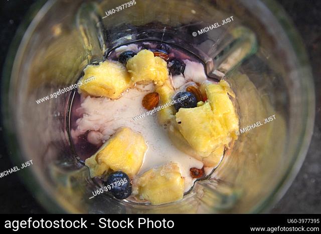 Top view of fruit smoothie in blender