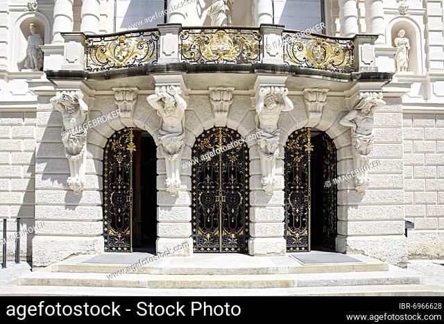 Linderhof Castle, royal palace of Ludwig II of Bavaria, main entrance with balcony supported by atlases, south side, Upper Bavaria, Bavaria
