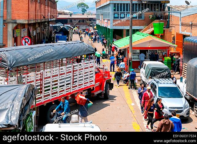 Bogota Colombia April 6 Daily activities in Corabasto food market the biggest of the capital where trucks arrive every day full of vegetables and fruit to...