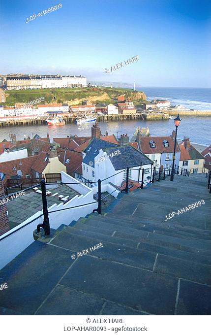 England, North Yorkshire, Whitby, A view over the old town of Whitby towards the North Yorkshire coastline