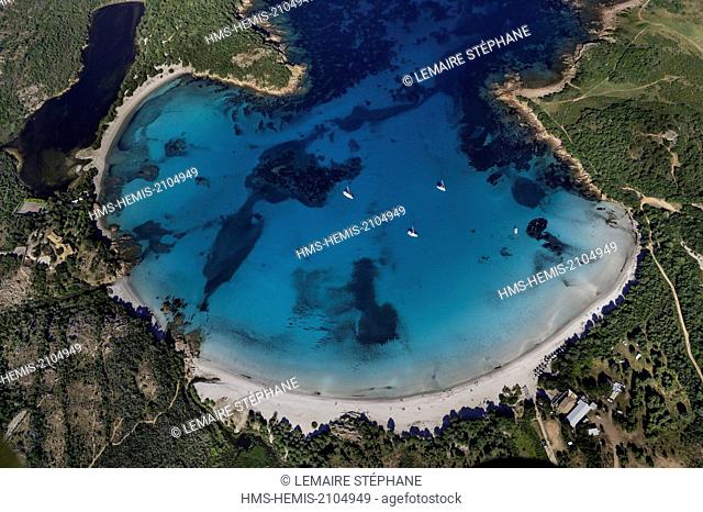 France, Corse du Sud, Bouche de Bonifacio Nature Reserve, Rondinara beach (aerial view)