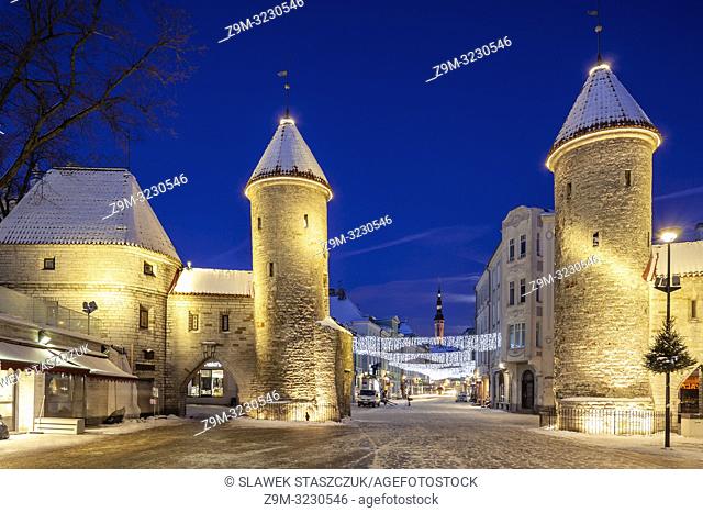 Winter dawn at the city gates in Tallinn old town, Estonia