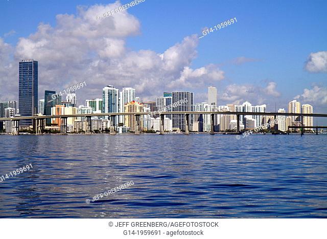 Florida, Miami, Biscayne Bay, Rickenbacker Causeway, bridge, city skyline, Brickell, downtown, water, skyscrapers, high rise, condominium, office, buildings